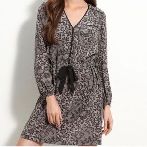 Rebecca Taylor Silk Dress Lace Print Cinch Tie Waist Buttons Size 4 Long